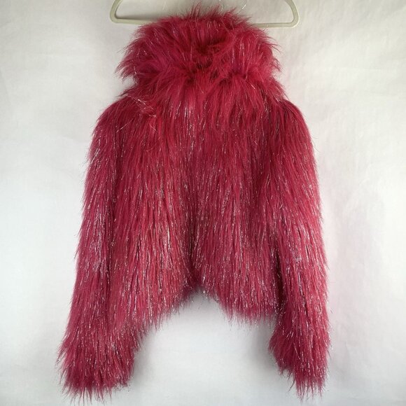 Vtg Y2K Blanc Noir Jacket Hot Pink Faux Fur Silver Coat Medium CLUB RAVE Furry - Picture 6 of 13